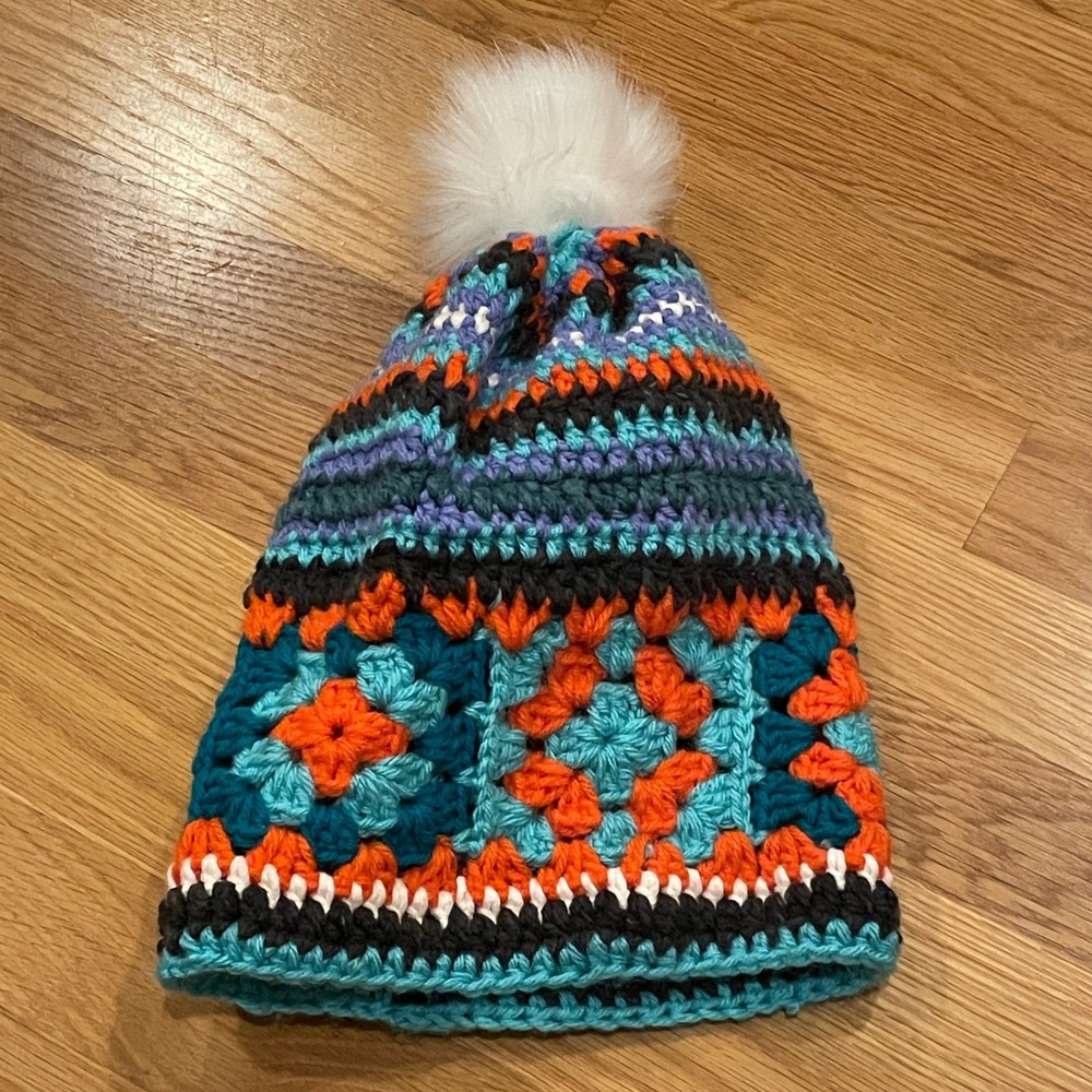 Handmade Granny Square Crochet Beanie Hat Pom Pom‎ Colorful Geometric Pattern